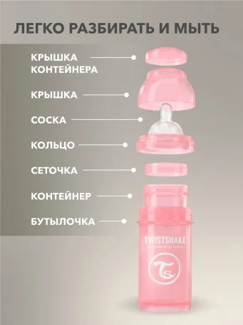 Антиколиковая бутылочка Twistshake для кормления 330 мл. Пастельный розовый (Pastel Pink).