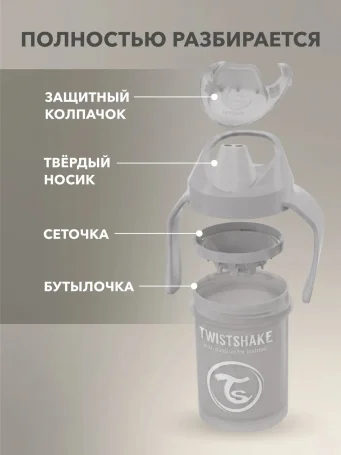 Поильник Twistshake Mini Cup 230 мл. Пастельный серый (Pastel Grey). Возраст 4+m.