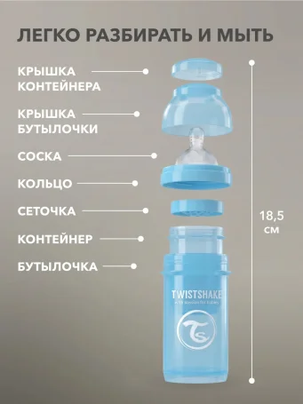 Антиколиковая бутылочка Twistshake для кормления 260 мл. Пастельный синий (Pastel Blue).