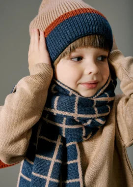 Шарф вязаный "Клетка", Тёплый беж + синий