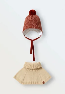 Зимний комплект шапка с манишкой, Терракот+Беж