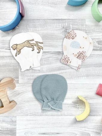 Рукавички-антицарапки Mjölk Ёжики на экрю/Baby Blue/Гепарды, сет из 3х пар