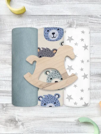 Сет из 3х пелёнок Mjölk Grizzly Bears/Blue Shadow/Звёзды