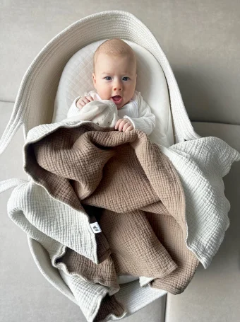 Двусторонний муслиновый плед 6 слоев, 120х90см, Babyshowroom, молочный, бежевый