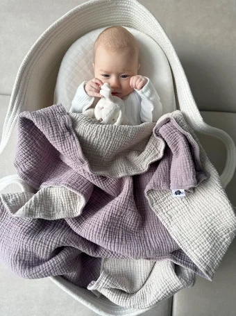 Двусторонний муслиновый плед 6 слоев, 120х90см, Babyshowroom, лаванда, топленое молоко
