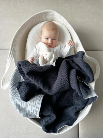 Двусторонний муслиновый плед 6 слоев, 120х90см, Babyshowroom, графит, серо-голубой