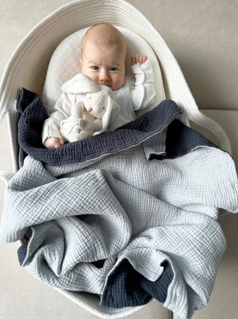 Двусторонний муслиновый плед 6 слоев, 120х90см, Babyshowroom, графит, серо-голубой