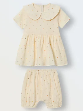 Комплект платье и блумеры из муслина, Цветной горошек на экрю