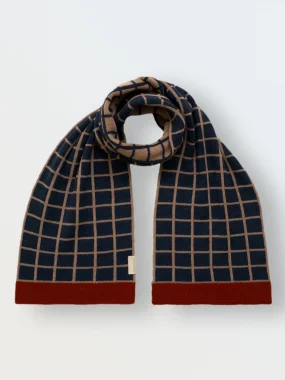 Шарф вязаный "Клетка", Тёплый беж + синий