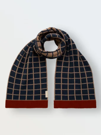 Шарф вязаный "Клетка", Тёплый беж + синий