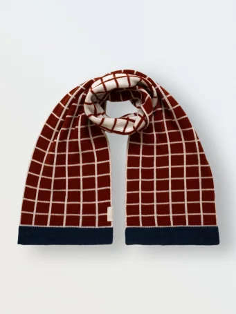 Шарф вязаный "Клетка", Экрю+терракот