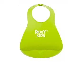 Слюнявчик детский нагрудник для кормления ROXY-KIDS мягкий с кармашком и застежкой, зеленый
