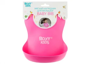 Слюнявчик детский нагрудник для кормления ROXY-KIDS мягкий с кармашком и застежкой, цвет розовый