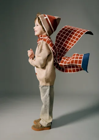 Шарф вязаный "Клетка", Экрю+терракот